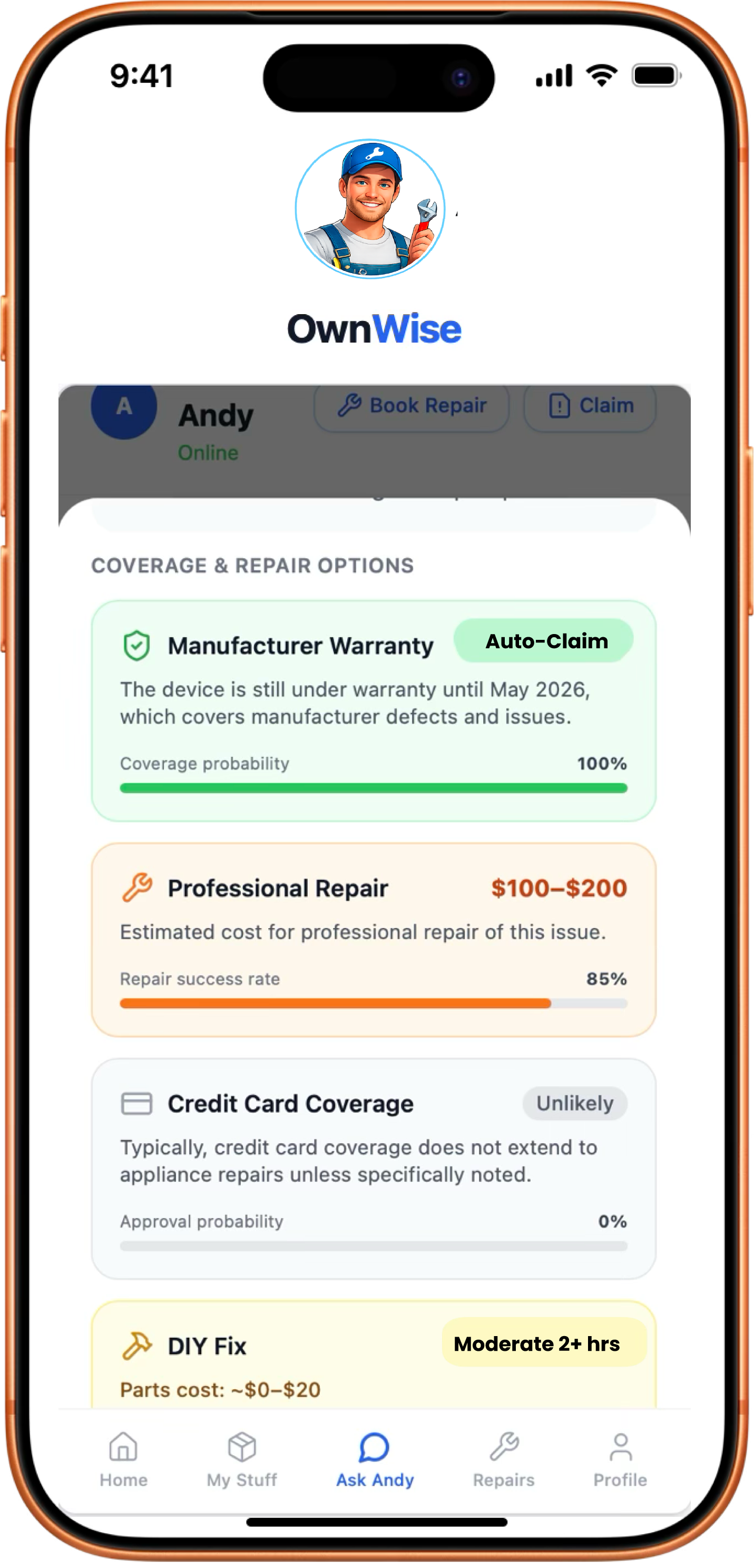OwnWise app — coverage & repair options